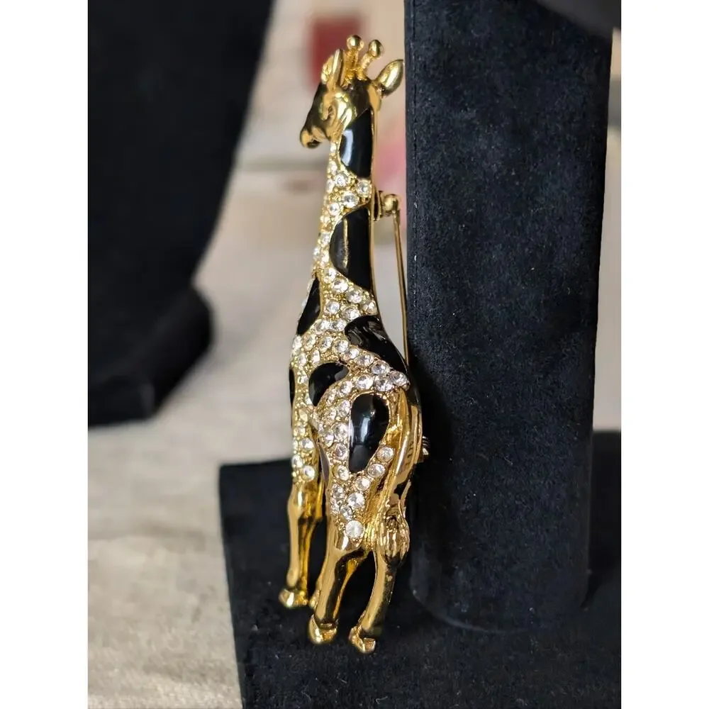 Vintage Giraffe Rhinestone Brooch Gold Tone Black Enamel Safari Glam